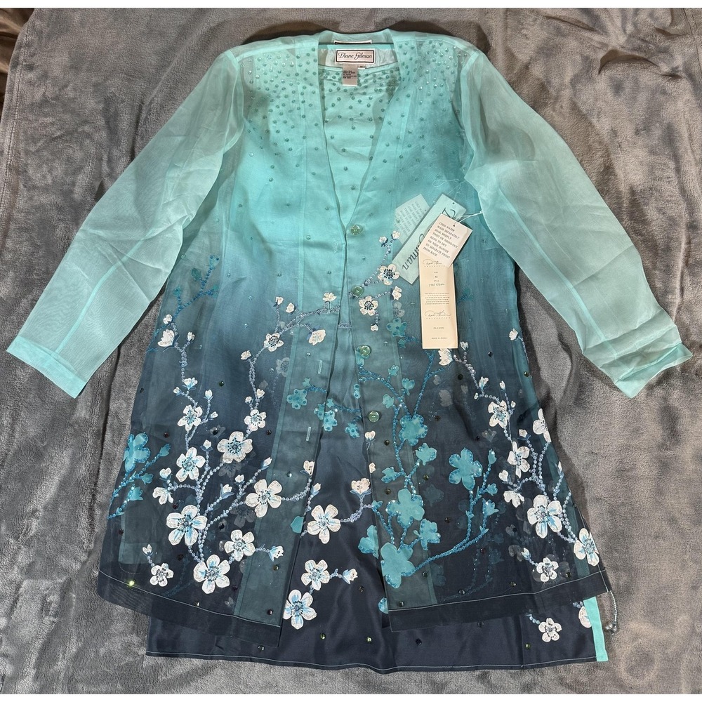 Diane Gilman Dress Jacket Set Womens M Blue Silk Floral Sequin Ombre Formal